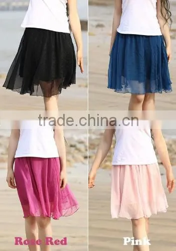 New Fashion Stylish Women's Elastic Waist Knee-length Chiffon Pleated Beach Skirt