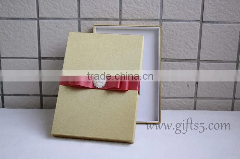 Luxury handmade gold wedding invitations box with ribbon bow