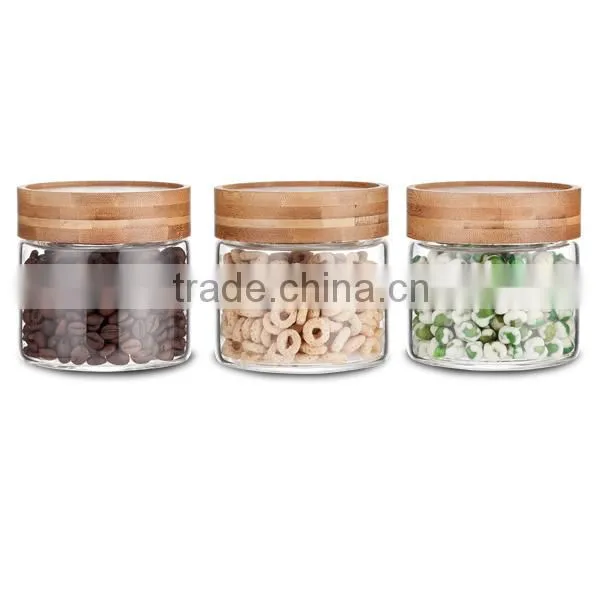SINOGLASS 3 pcs Bamboo lid round shape borosilicate glass storage jar