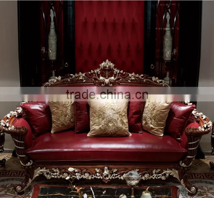 Luxury European style solid wood flower hand carving genuine leather sofa set