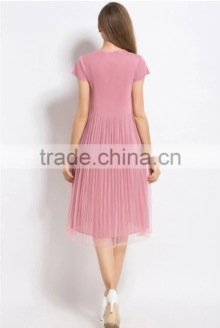 Plain solid color woman knee length folding dress with mesh
