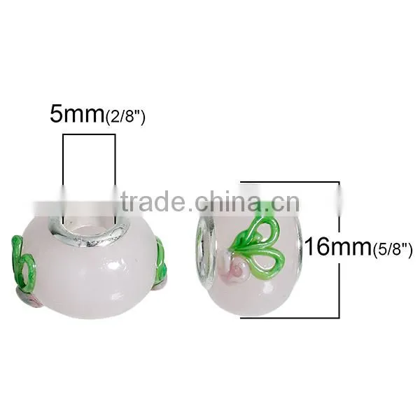 Lampwork Glass European Style Large Hole Charm Beads Round Silver Plated Core Light Pink Flower Pattern Enamel