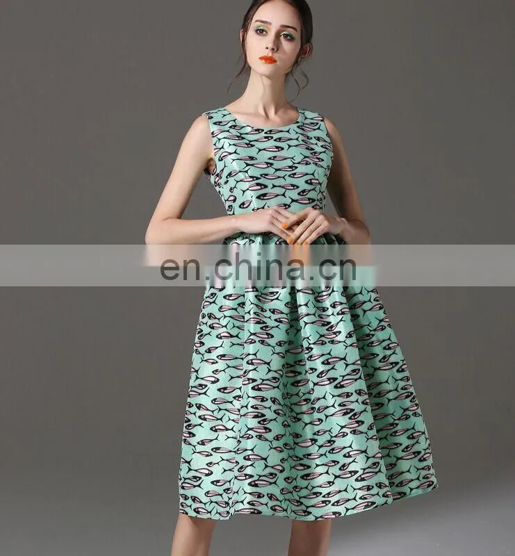 sea blue dress / knee length fish patterned skirt / sleeveless skirt