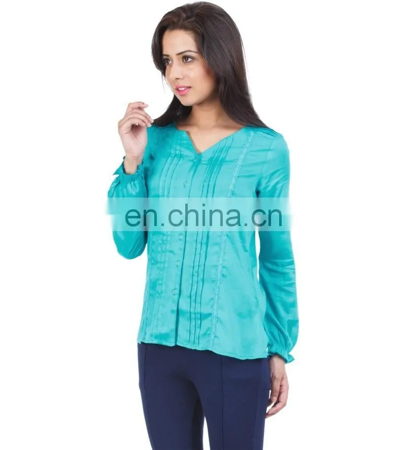 Green Top With Pin Tuck Detailing for ledies printed three quarter sleeve blouse in chiffon with lace collar See larger image
