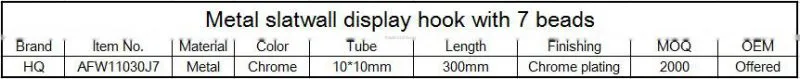 Metal chrome slatboard display hook with 7 beads