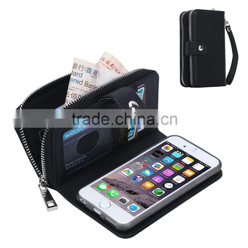 Fashion Zipper PU leather Wallet Card Slot Black cell phone case for iPhone 6/6s