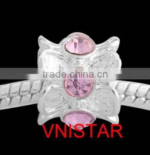 Vnistar Silver plated large hole european beads with clear&pink&cyan crystals for bracelet PBD1225