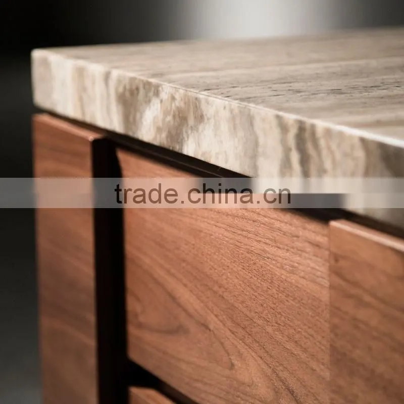 Hot Sale Latest Design Bed Side Table Made From Travertine Top And Wooden Drawers