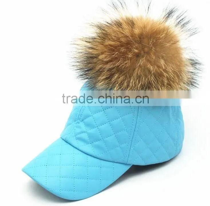Fashion genuine raccoon fur pompom hat New PU leather baseball snapback cap Unisex woman man hat with real raccoon fur balls