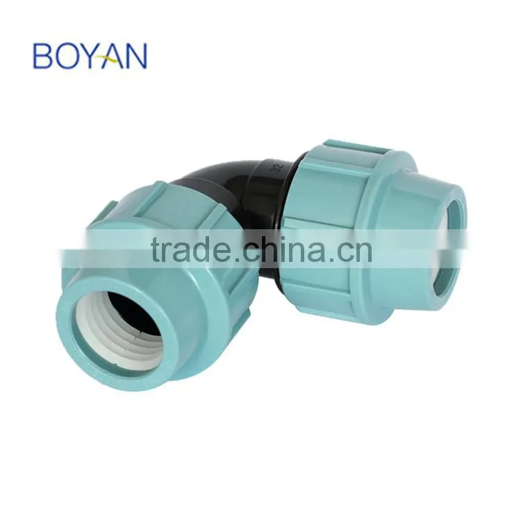 China Wholesale BOYAN zhejiang 20-110mm light blue for irrigation 90 degree elbow band pp commpression quick pipe fitting