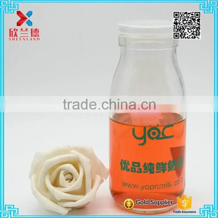 250ml glass milk pudding juice bottle jar with transparent plastic cap and logo screw printing