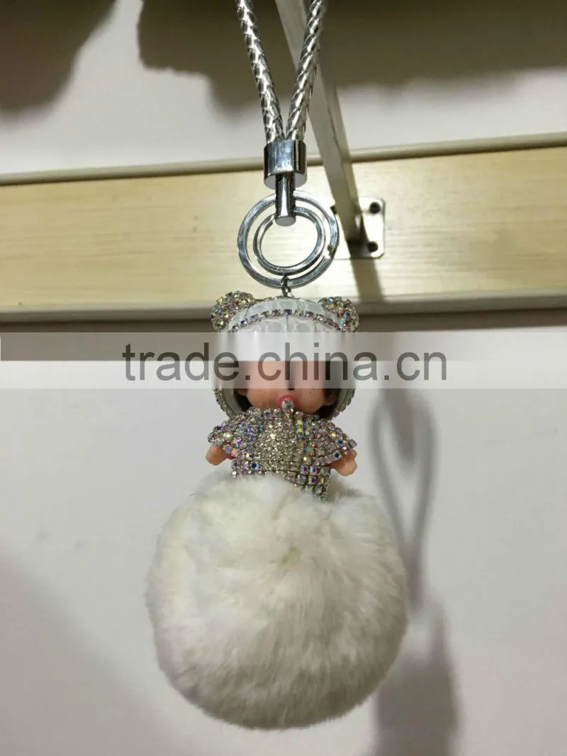 Hot selling rabbit fur accessories monchhichi leather keychain fur pompoms