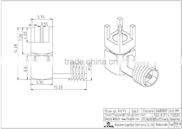 RP SMA connector thru hole Jack (male pin) RA PCB Mount with solder post terminal