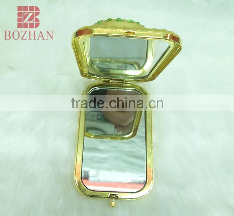 Metal souvenir gold swan rhinestone mirror/antique gold swan makeup mirror/promotional gift gold swan compact mirror
