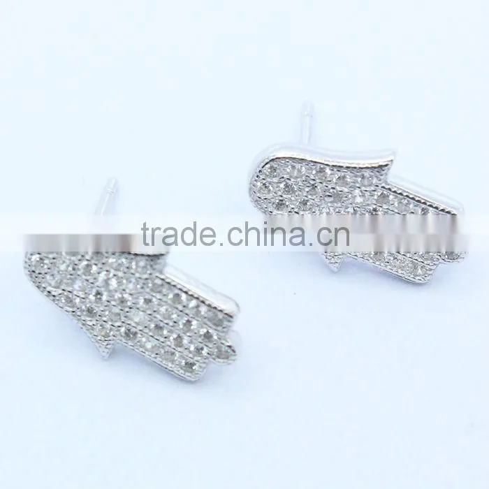 Silver hand shape stud earring zircon stone rhodium plated factory direct sale