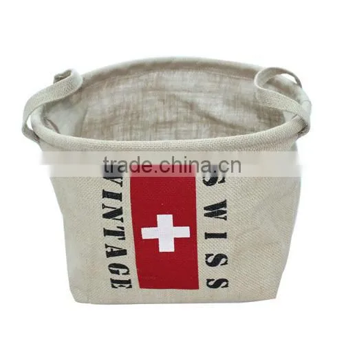 2014 Flax camping linen storage bag,flag design storage box,high capcacity home basket(BBHT004)