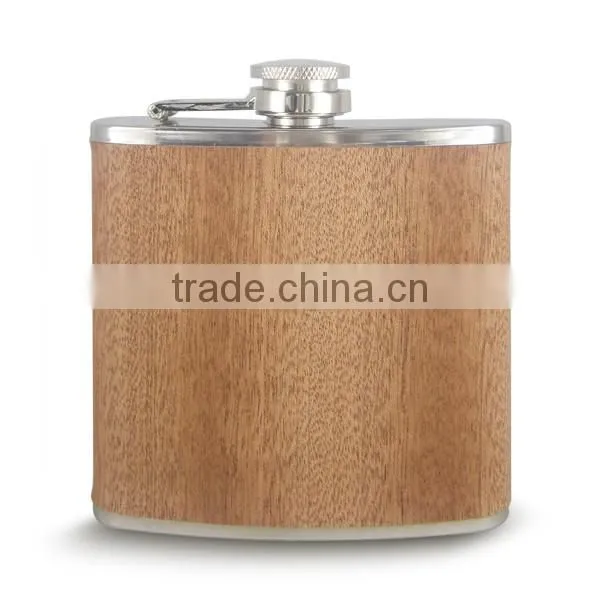Wholesale custom design stainless steel hip flask with real wooden wrap