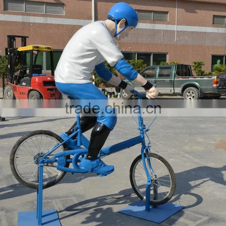 Outdoor FRP man with bicycle statue