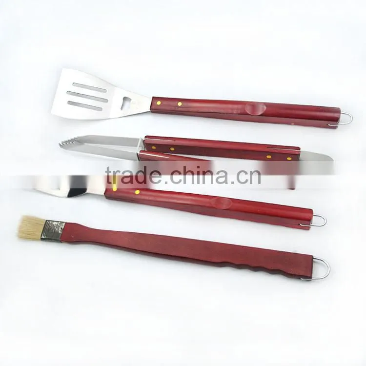 Manufacturer supply 4pcs stainless steel bbq grill tools set with wooden handle