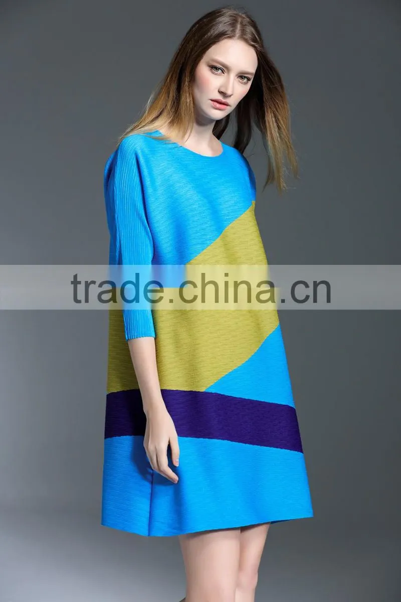 Female patchwork contrast color crinkle spring A-line dresses