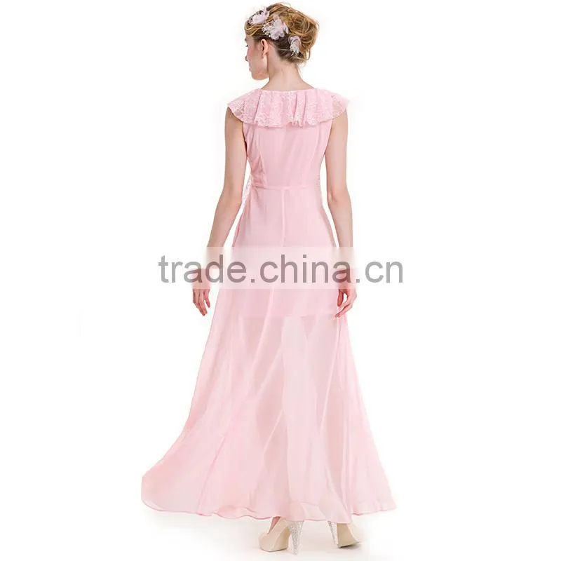 Maxnegio sexy long maxi pink color with ruffle neck evening dress for girls