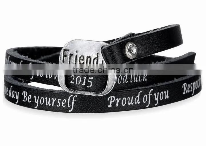 new design 2015 leather wrap bracelet I Love You heart buckle leather wrap bracelet custom logo letter buckle leather bracelet