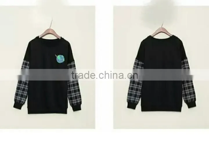 Latest woman sweatshirt design sublimation with plaid sleeve and hood design sweatshirt