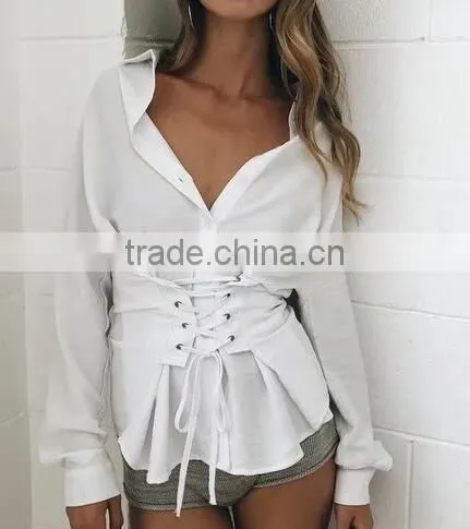 Runwaylover 129 Hot Sale 2017 Ladies Fashion Pure Color Blouse With Bandages