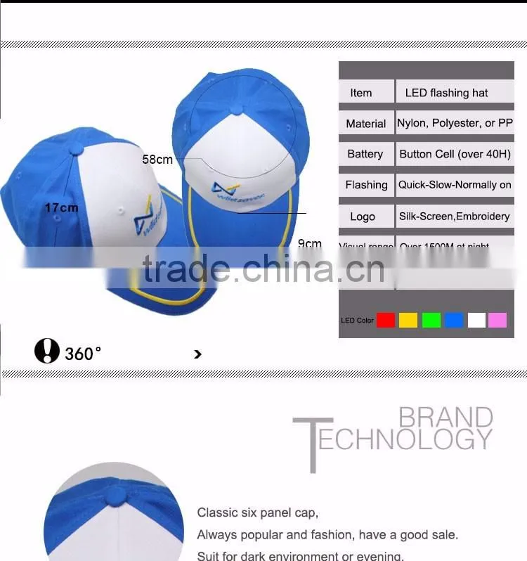 Custom logo print or embroidery sports flashing led baseball cap
