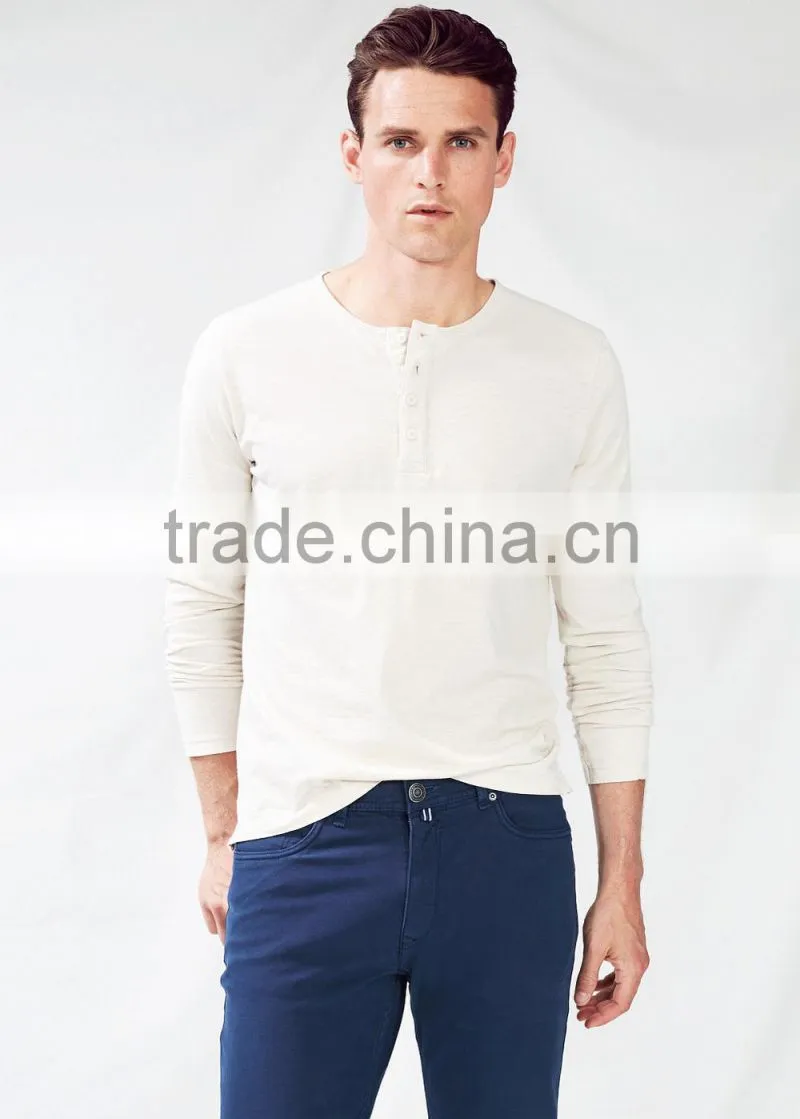 Men long sleeves slub cotton Henley t-shirts with side slit hem