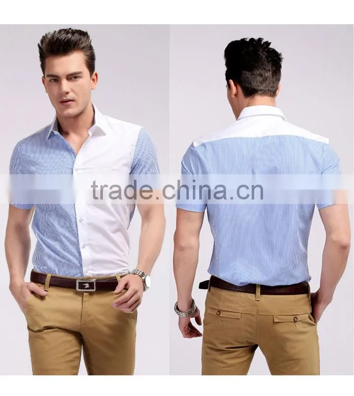 Wholesale cotton short sleeve stripe &solid color grey&white casual men shirts