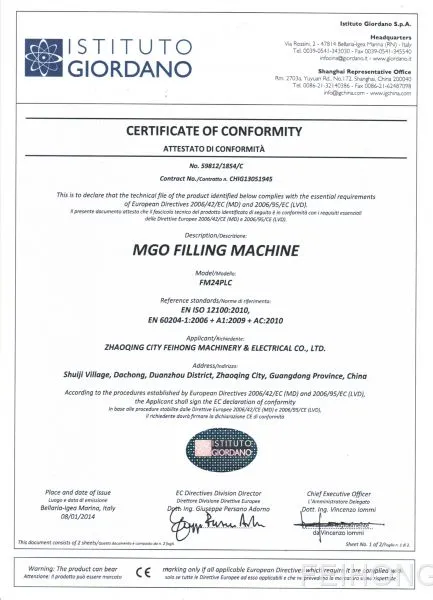Cert of conformity -MGO filling machine