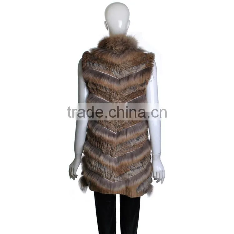 YR646 Stylish Real Rabbit Knit and Raccoon Fur Waistcoat Euro Long Fur Gilet