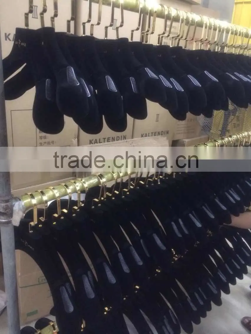 Black nonslip velvet flocked hanger with logo and gold hook for coat