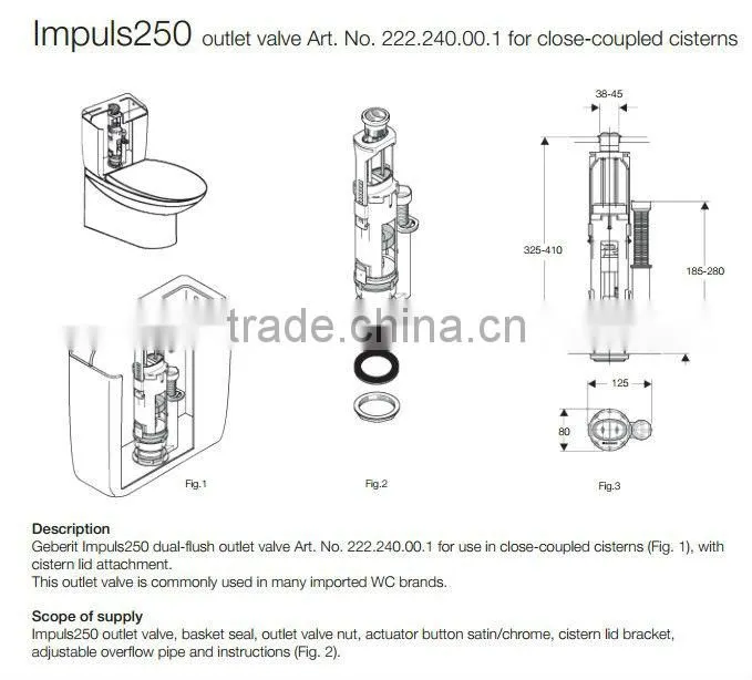 IMPLUS Typ250 GEBERIT Dual Flush Valve for Toilet Cistern, Toilet Flusher, Australian Standard Watermark Flushing Mechanism