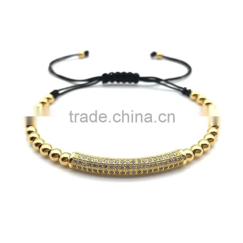 Colorful adjustable ladies stainless steel beads cubic zircon tube charm in gold bracelet jewelry