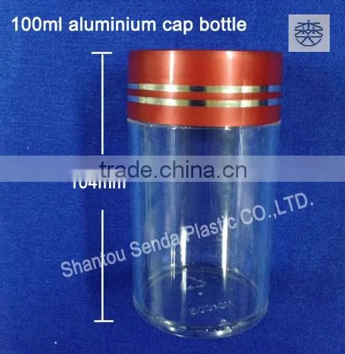 100ml clear aluminium cap bottle, trasparent PS capsule jar