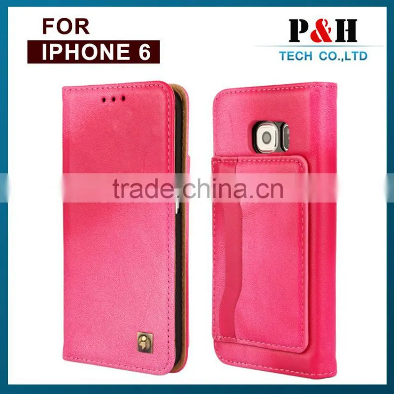 Vintage Customized Litchi Grain Genuine Real Cow Leather Flip Cover Case For iPhone 6 / 6 Plus