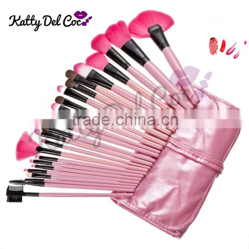 Best quality Pink 24pcs natural hair Pony professional makeup brush set with PU bag