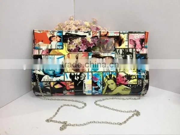 Italy design magazine print bag metal chain evening hand bag