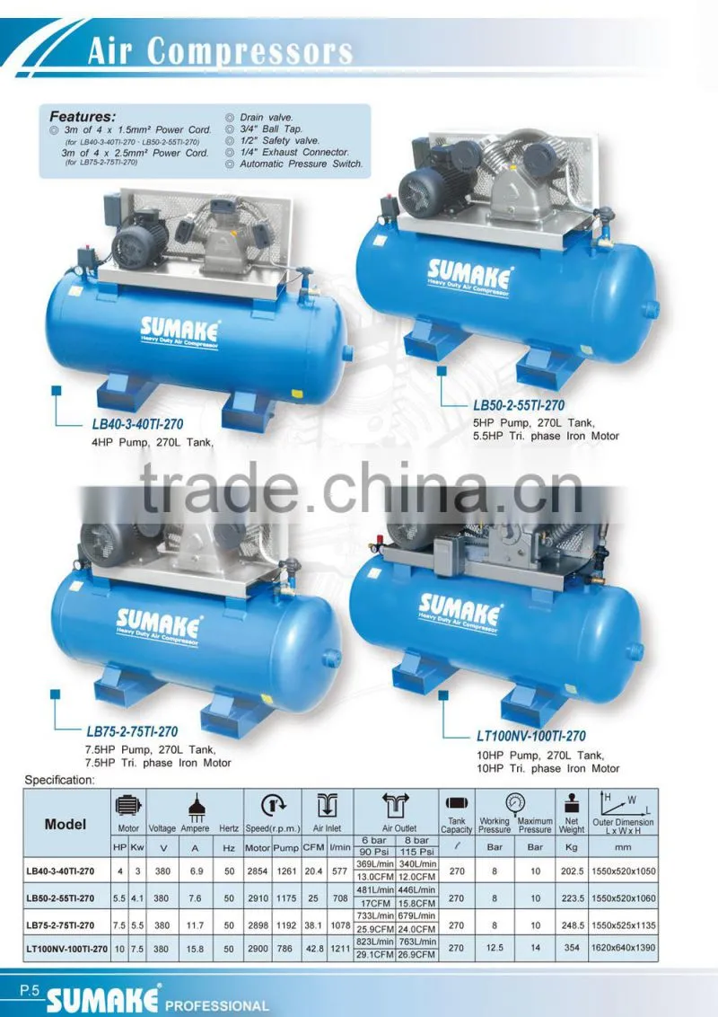 10HP Two stages Tri. phase 270L tank pump compressors