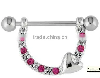 Nipple bar with dangling jeweled horseshoe and gem body piercing jewelry