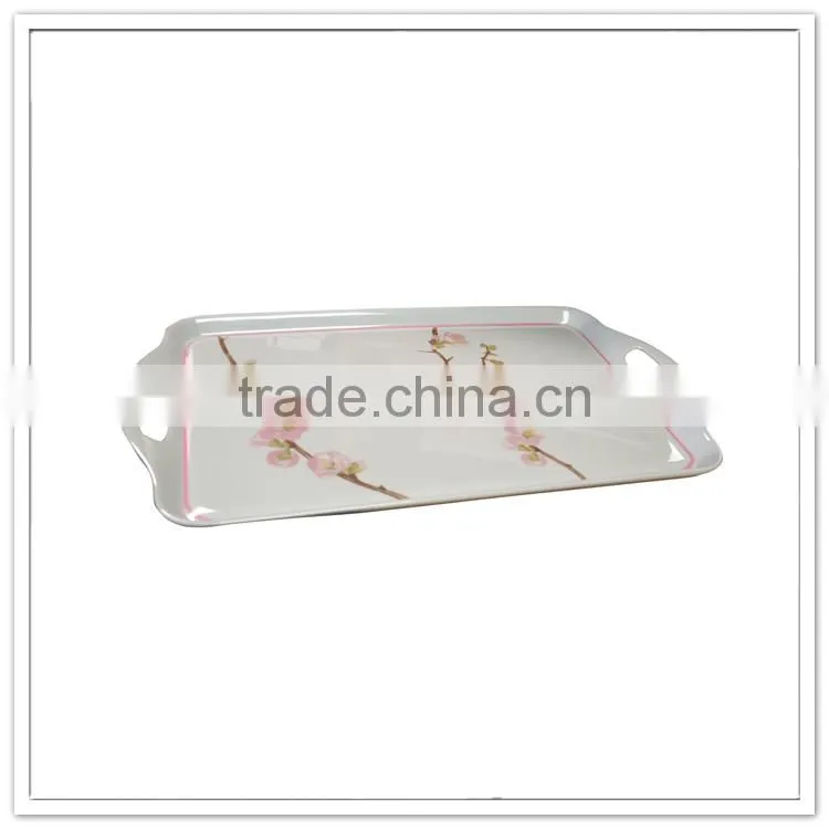 Outdoor dinnerware supply stackable 100% melamine handled elegant decorative cafe bread serving used plastic serving tray