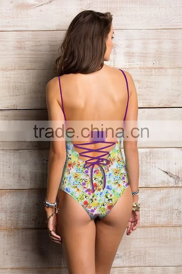 ladies fashion print and tied one-piece swimwear