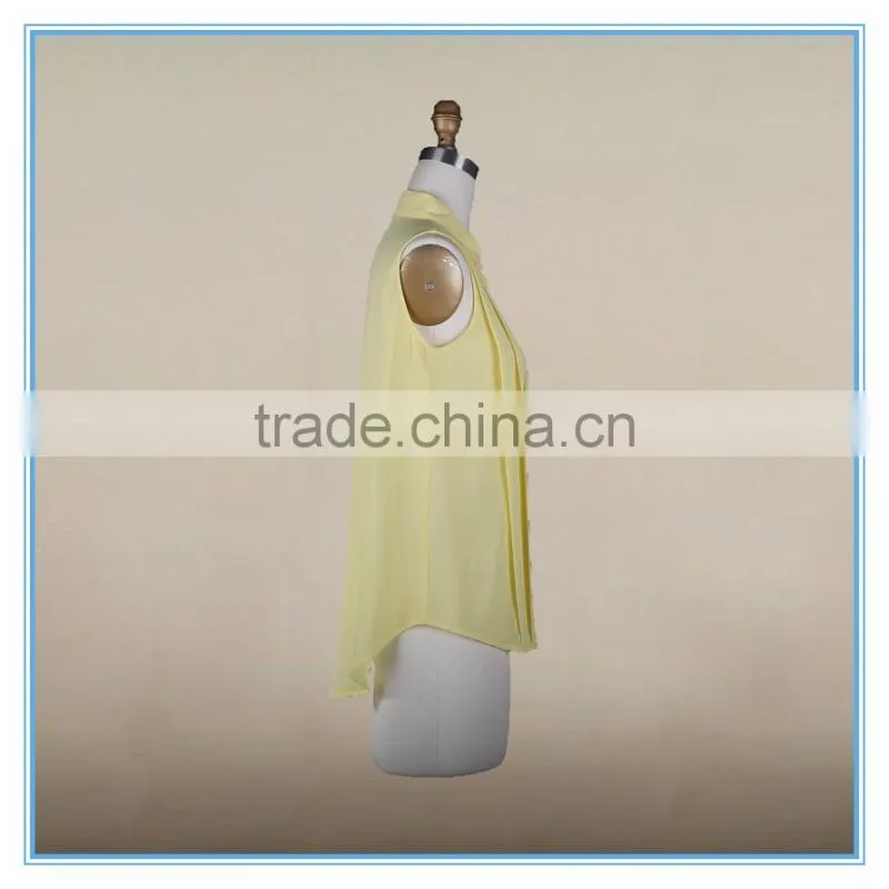Fashion Ladies Fancy Sleeveless Tops Chiffon Yellow Shirt Pleated Design