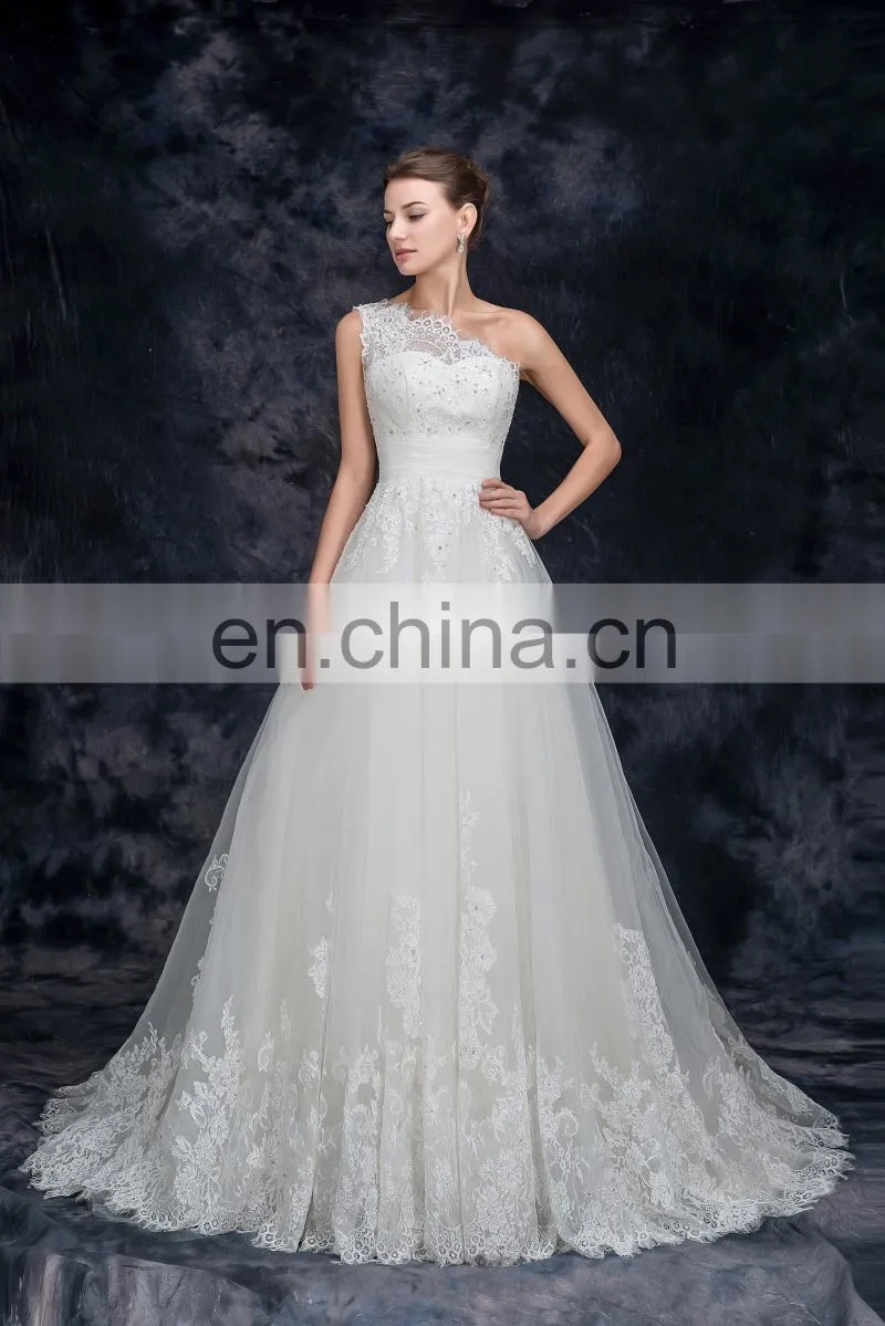 One Shoulder Tulle french Lace Bridal Dresses Elegant Beaded weeding dresses