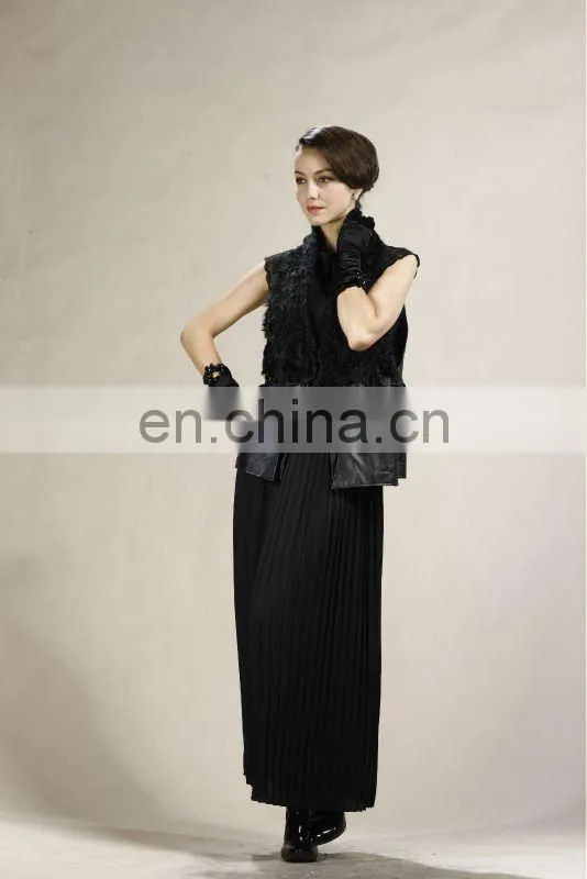 Black Lamb Fur Fashion Women Gilet With Real Lamb Lether Trim New Fashion Women Real Fur Gilet STY.NO. 5003#