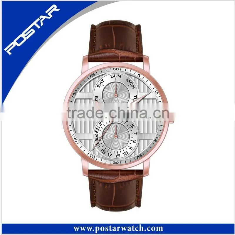 Multifunctional Dual Time Watches Big Face Watch High Quality with Leather Band
