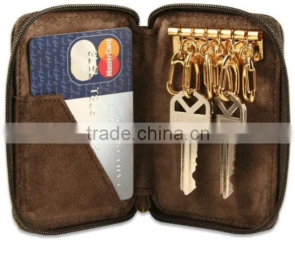 Genuine cowhide Leather Zipper Key Case with hooks