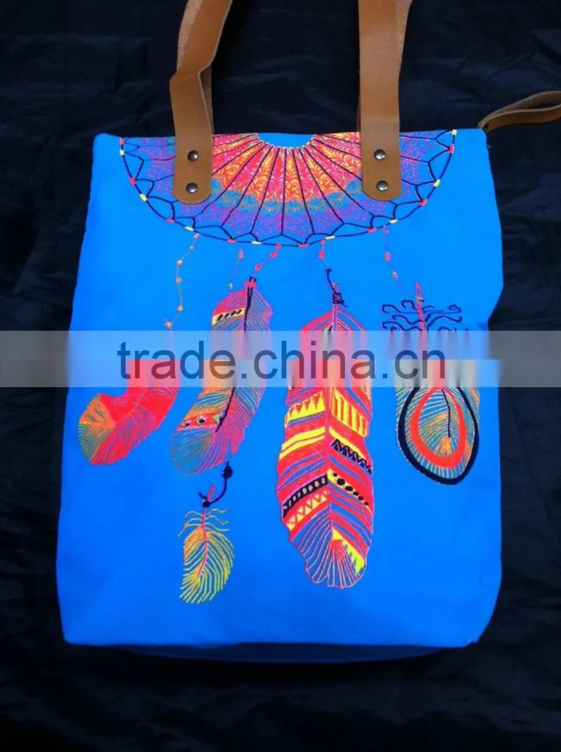 Hmong Indian tote neon blue canvas bag feather pattern